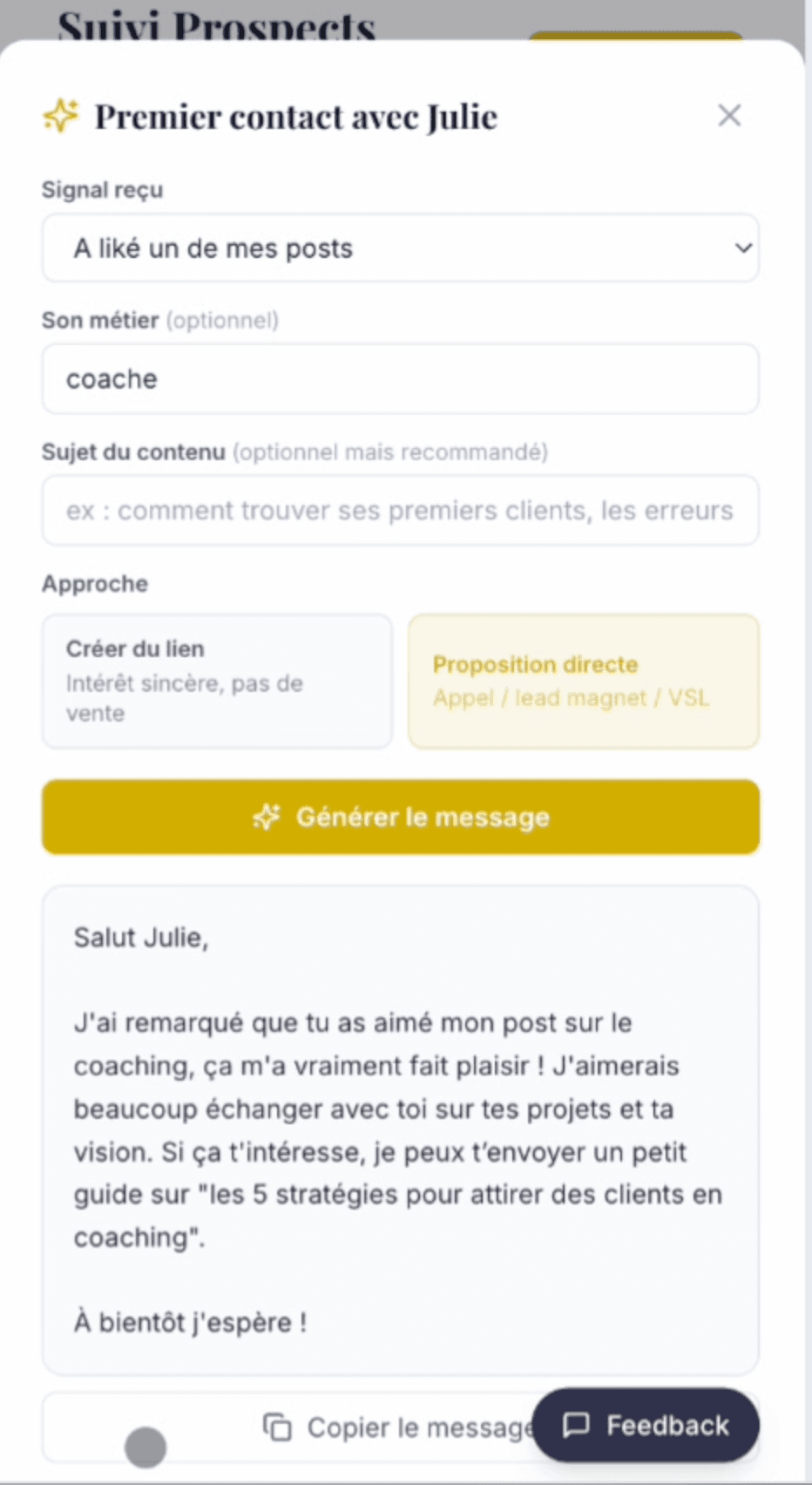 Générateur de premier message personnalisé